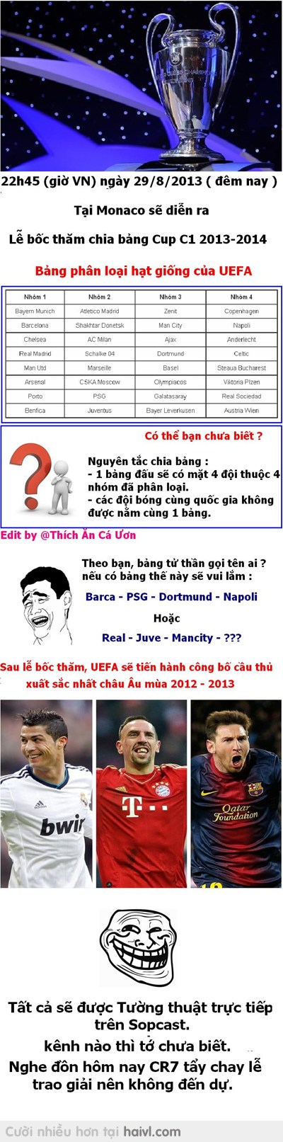 22h45 29/8/2013 ( Đêm nay, giờ VN ) - bốc thăm vòng bảng Champions League 2013 - 2014. Chờ đợi bảng tử thần nào :))