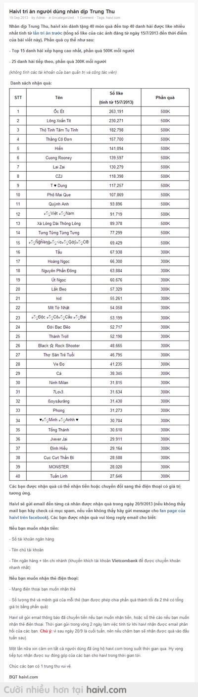 Haivl tri ân người dùng nhân dịp Trung Thu